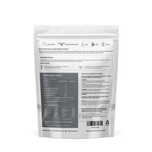Back view of a stand-up pouch of collagen powder supplement on a plain white background, showing the supplement facts panel, usage instructions, and barcode.