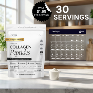 Collagen peptides package with a 30-day calendar on a kitchen counter.