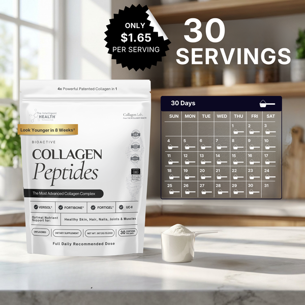 Collagen peptides package with a 30-day calendar on a kitchen counter.